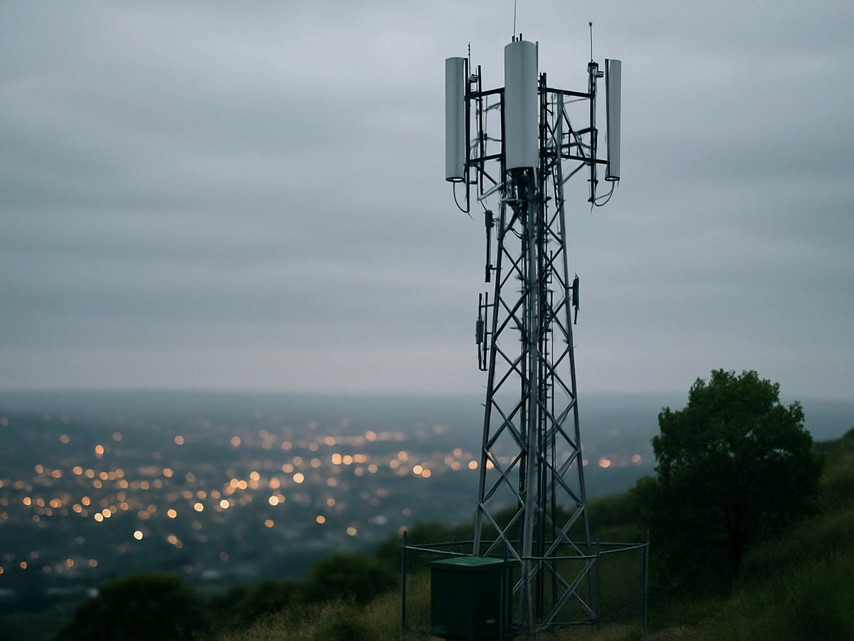 Mobile network mast with antennas above a city at dusk